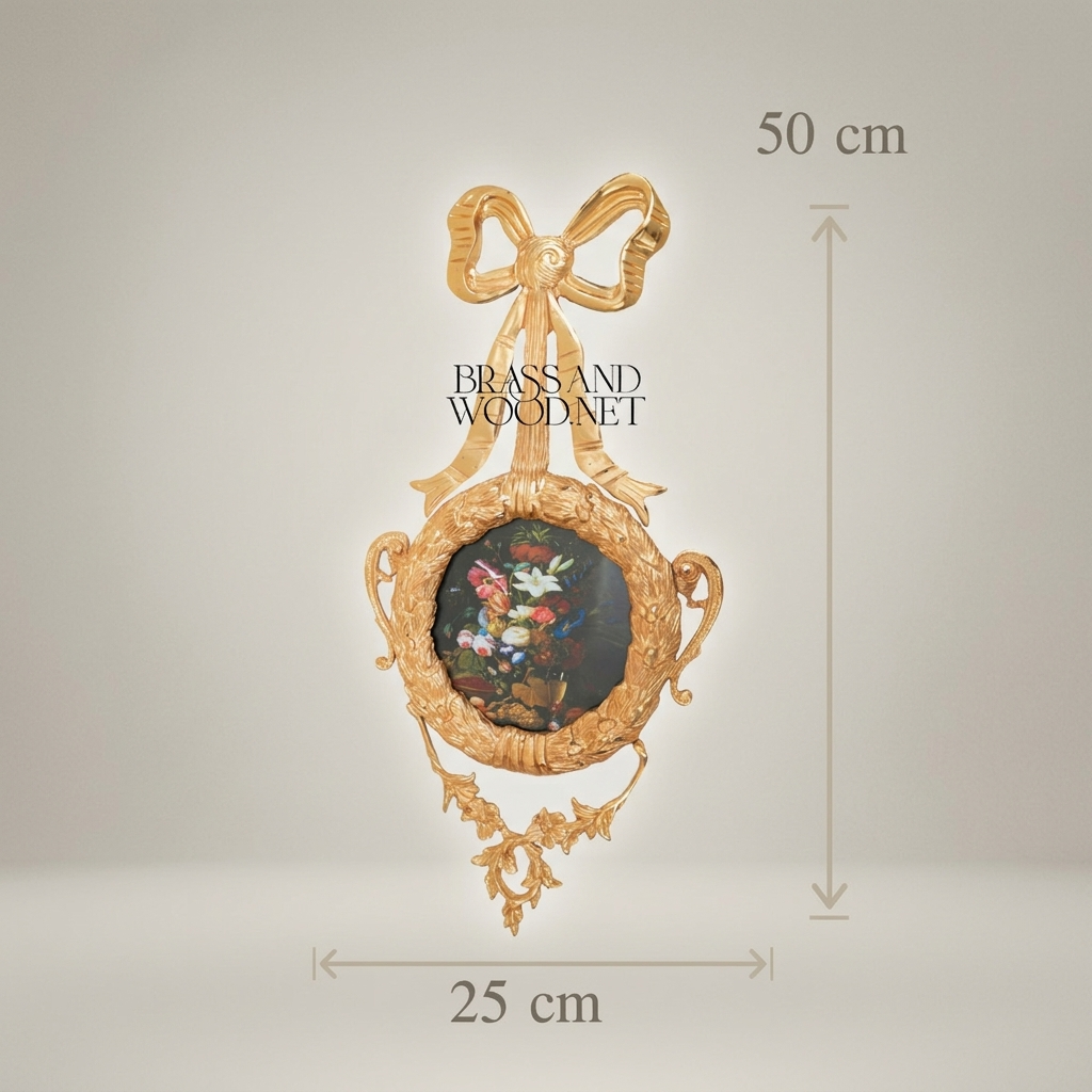 Rococo Brass Wall Medallion with Bow Finial & Floral Still Life Insert