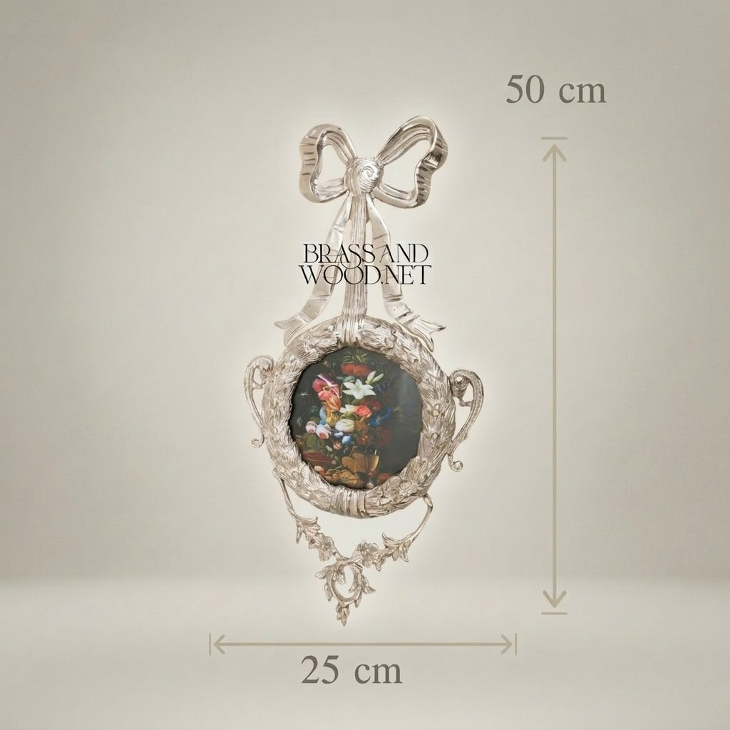 Rococo Brass Wall Medallion with Bow Finial & Floral Still Life Insert — Silver