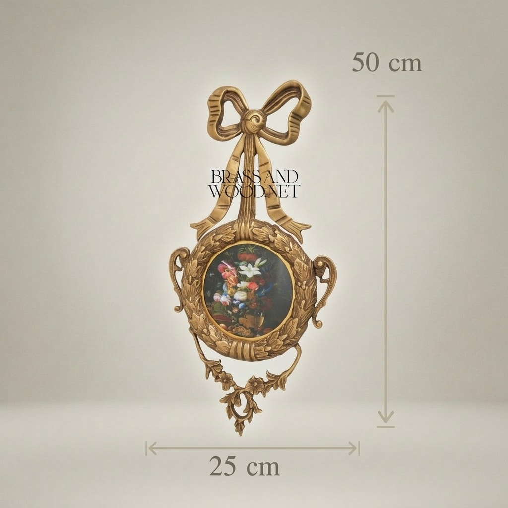 Rococo Brass Wall Medallion with Bow Finial & Floral Still Life Insert — Antique Gold