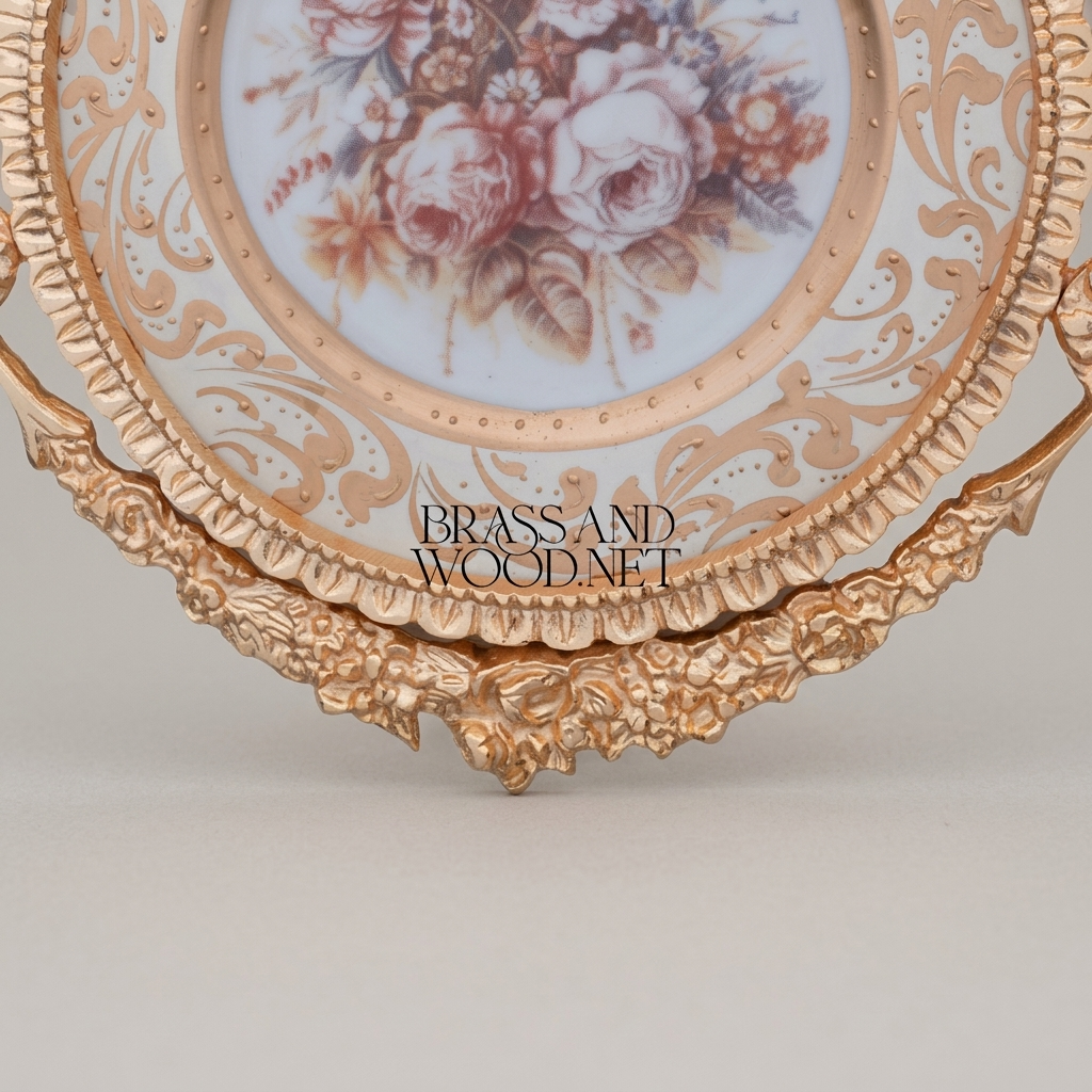 Rococo Brass Wall Medallion Frame with Floral Porcelain Centre — Gold