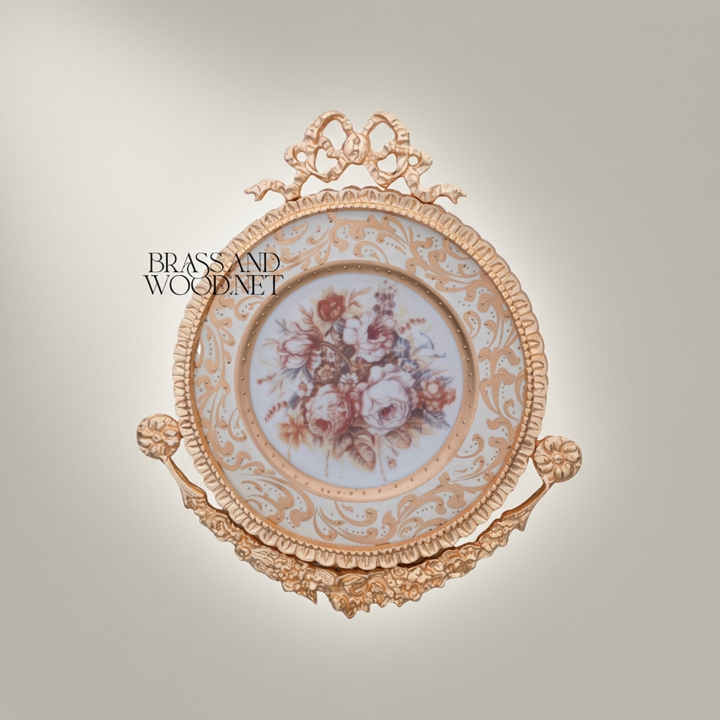 Rococo Brass Wall Medallion Frame with Floral Porcelain Centre — Gold