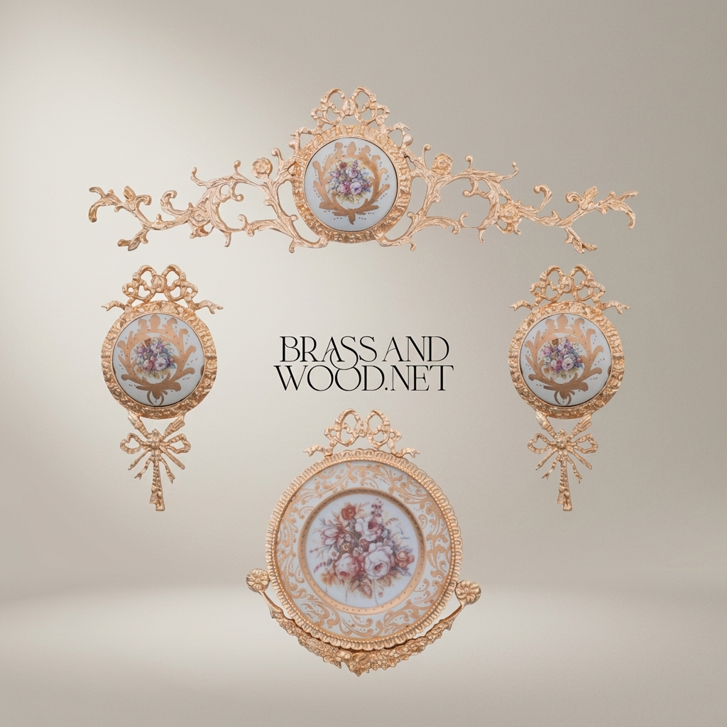 Rococo Brass Wall Medallion Frame with Floral Porcelain Centre — Gold