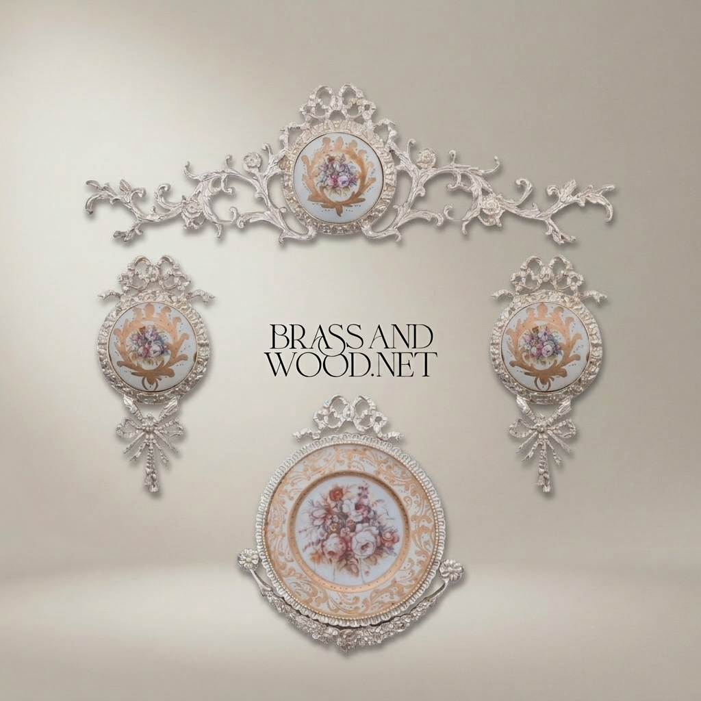 Rococo Brass Wall Medallion Frame with Floral Porcelain Centre — Silver