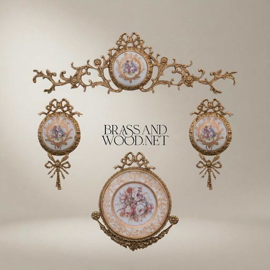 Rococo Brass Wall Medallion Frame with Floral Porcelain Centre — Antique Gold
