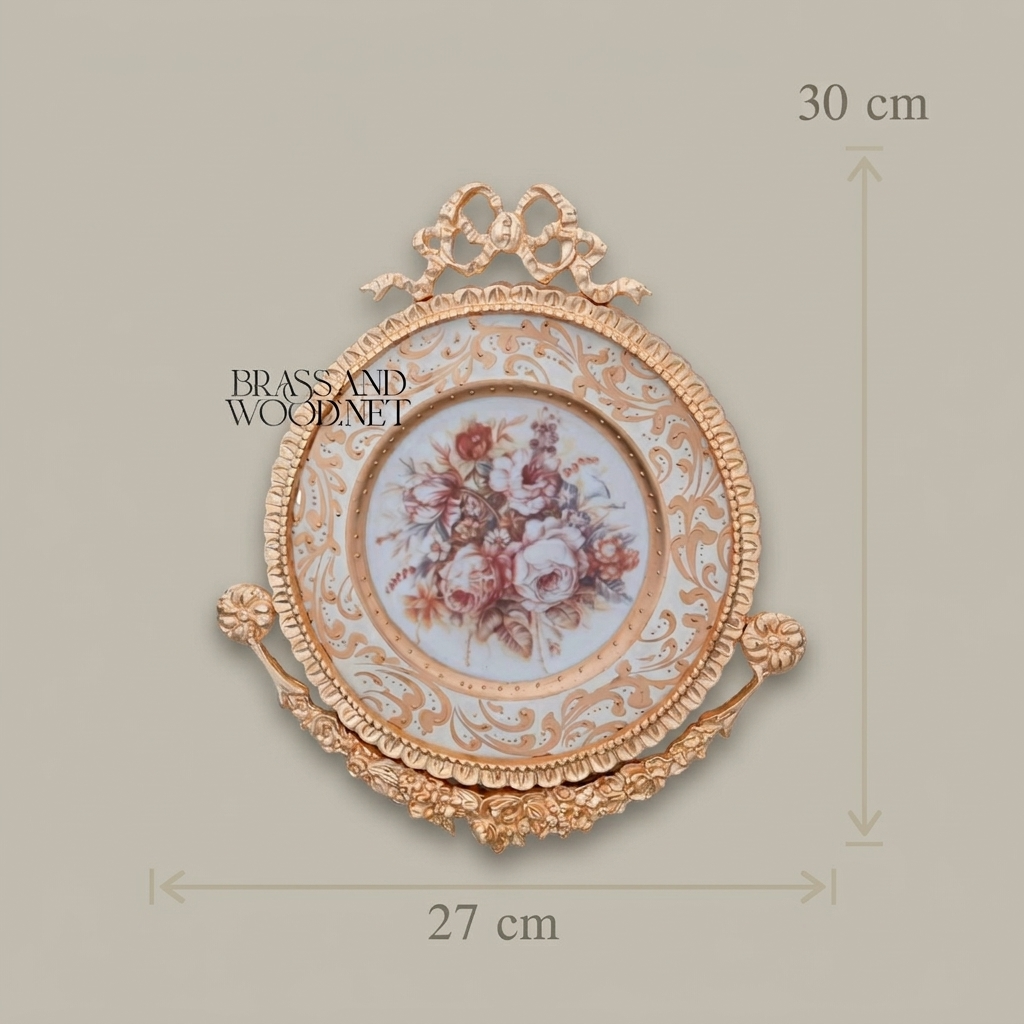Rococo Brass Wall Medallion Frame with Floral Porcelain Centre — Gold