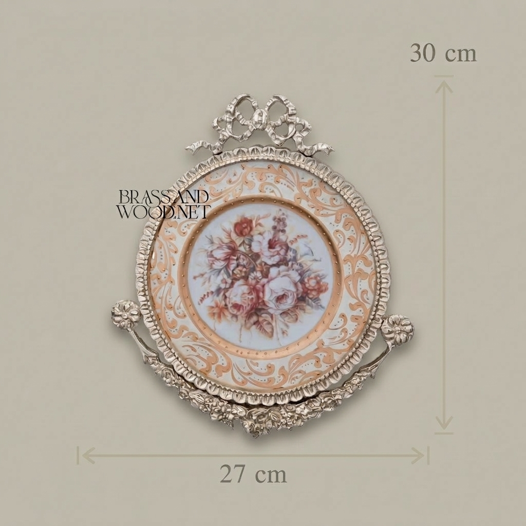 Rococo Brass Wall Medallion Frame with Floral Porcelain Centre — Silver