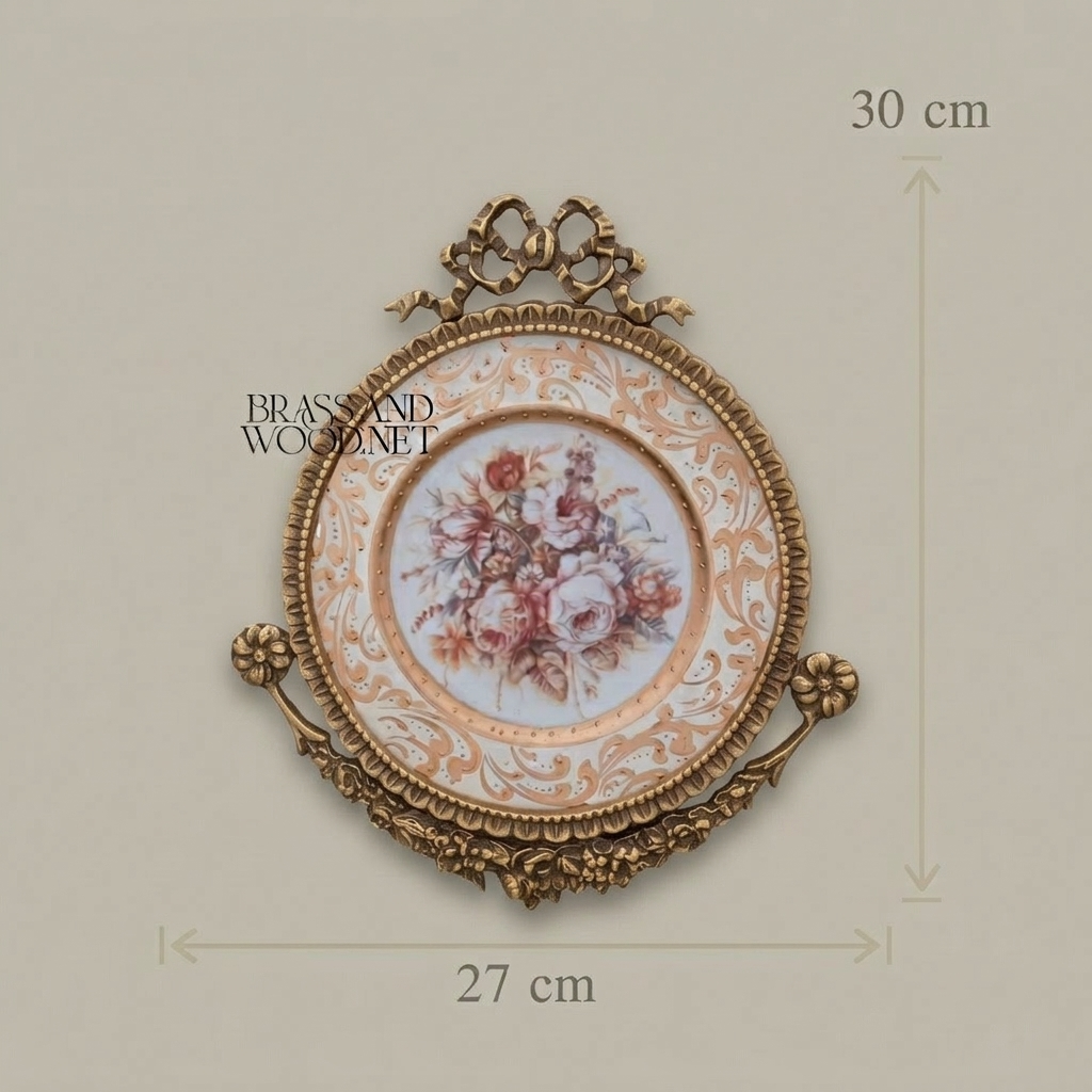 Rococo Brass Wall Medallion Frame with Floral Porcelain Centre — Antique Gold