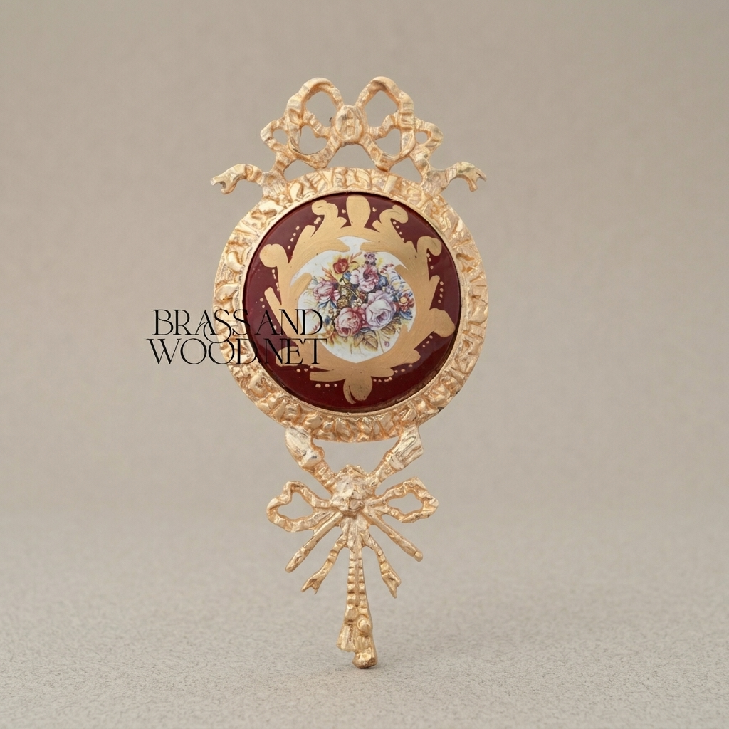 Rococo Brass Wall Medallion with Hand-Painted Porcelain Centre & Ribbon Crown — Gold