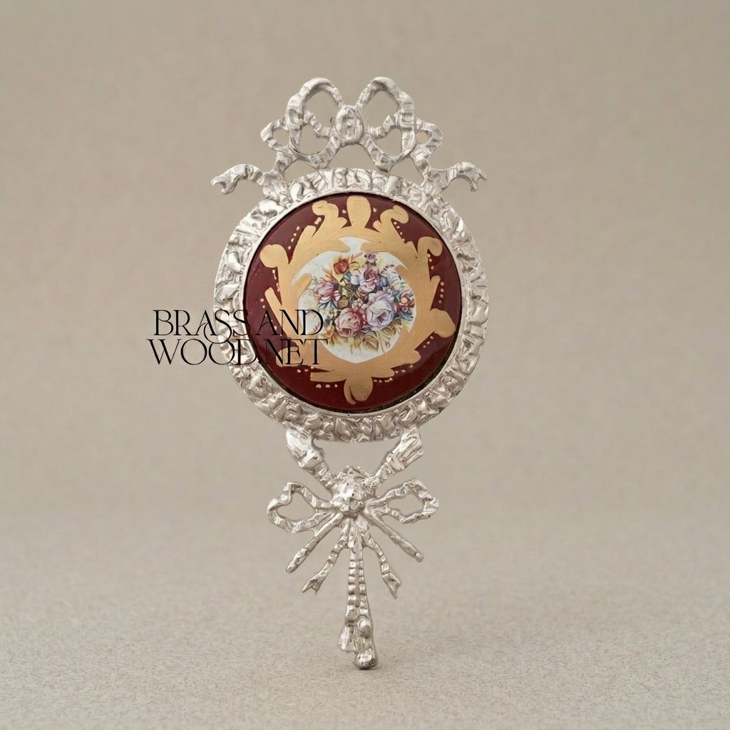 Rococo Brass Wall Medallion with Hand-Painted Porcelain Centre & Ribbon Crown — Silver