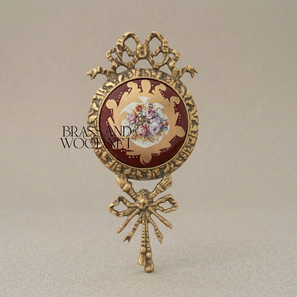 Rococo Brass Wall Medallion with Hand-Painted Porcelain Centre & Ribbon Crown — Antique Gold