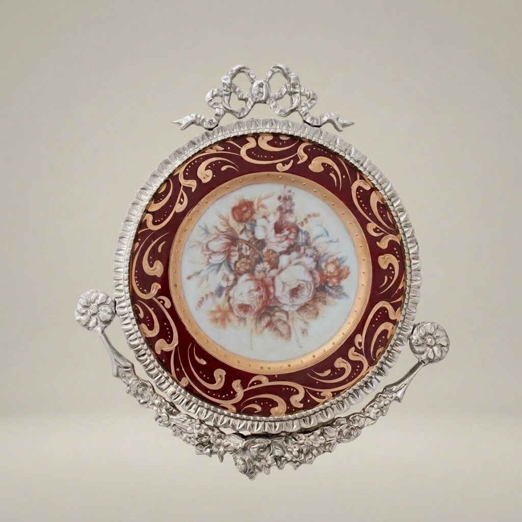 Rococo Brass Wall Medallion with Hand-Painted Porcelain Centre & Ribbon Crown — Silver