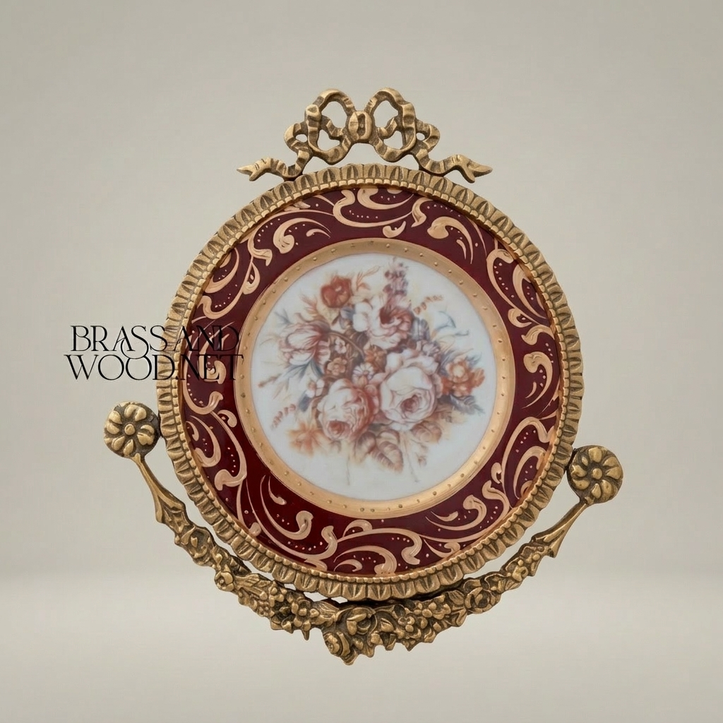 Rococo Brass Wall Medallion with Hand-Painted Porcelain Centre & Ribbon Crown — Antique Gold