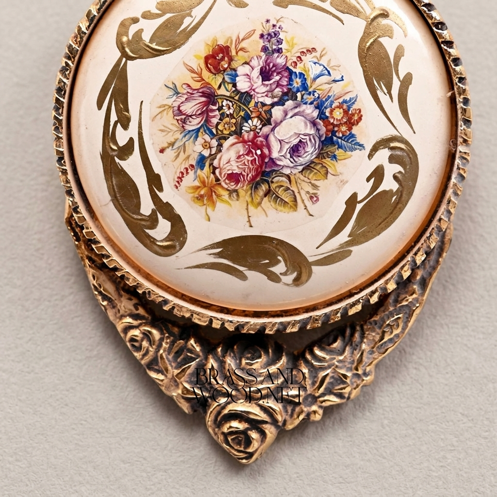 Rococo Brass Wall Medallion with Hand-Painted Floral Ceramic Centre — Antique Gold