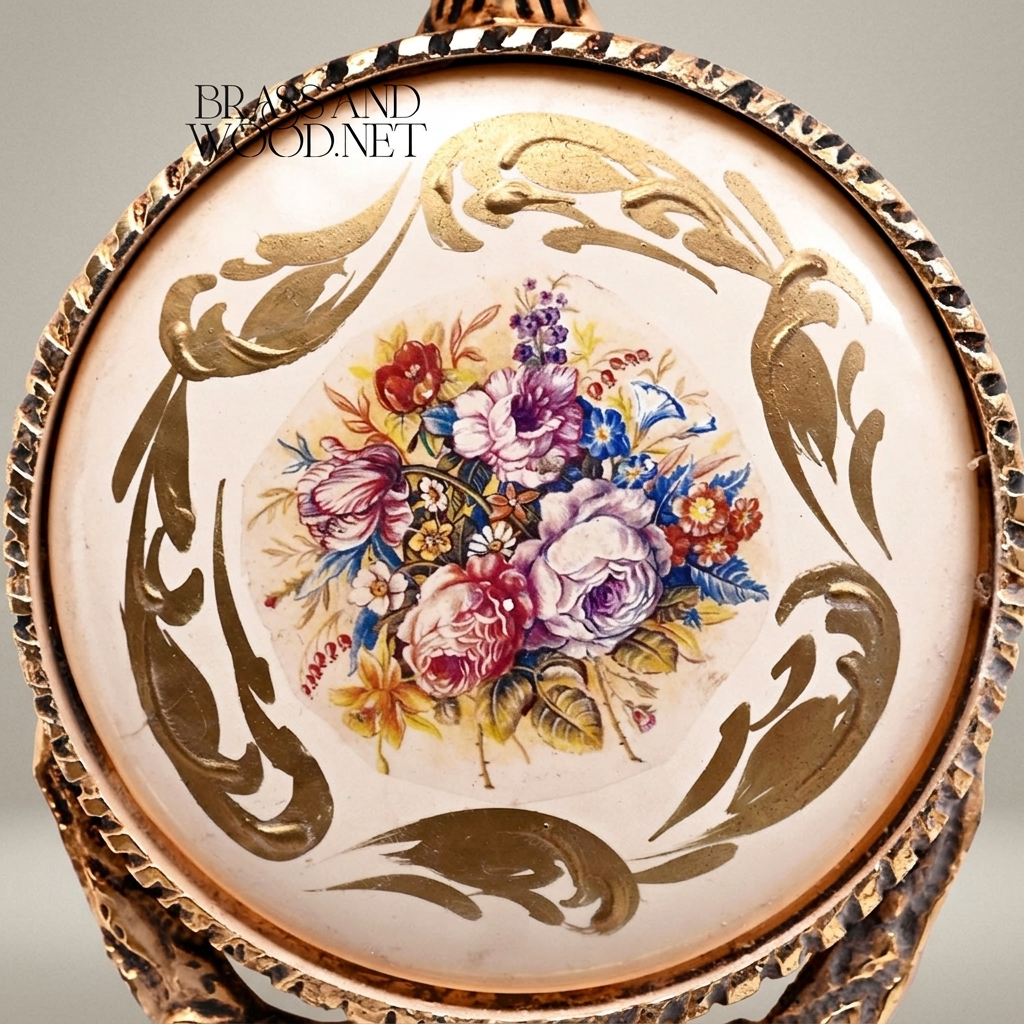 Rococo Brass Wall Medallion with Hand-Painted Floral Ceramic Centre — Antique Gold