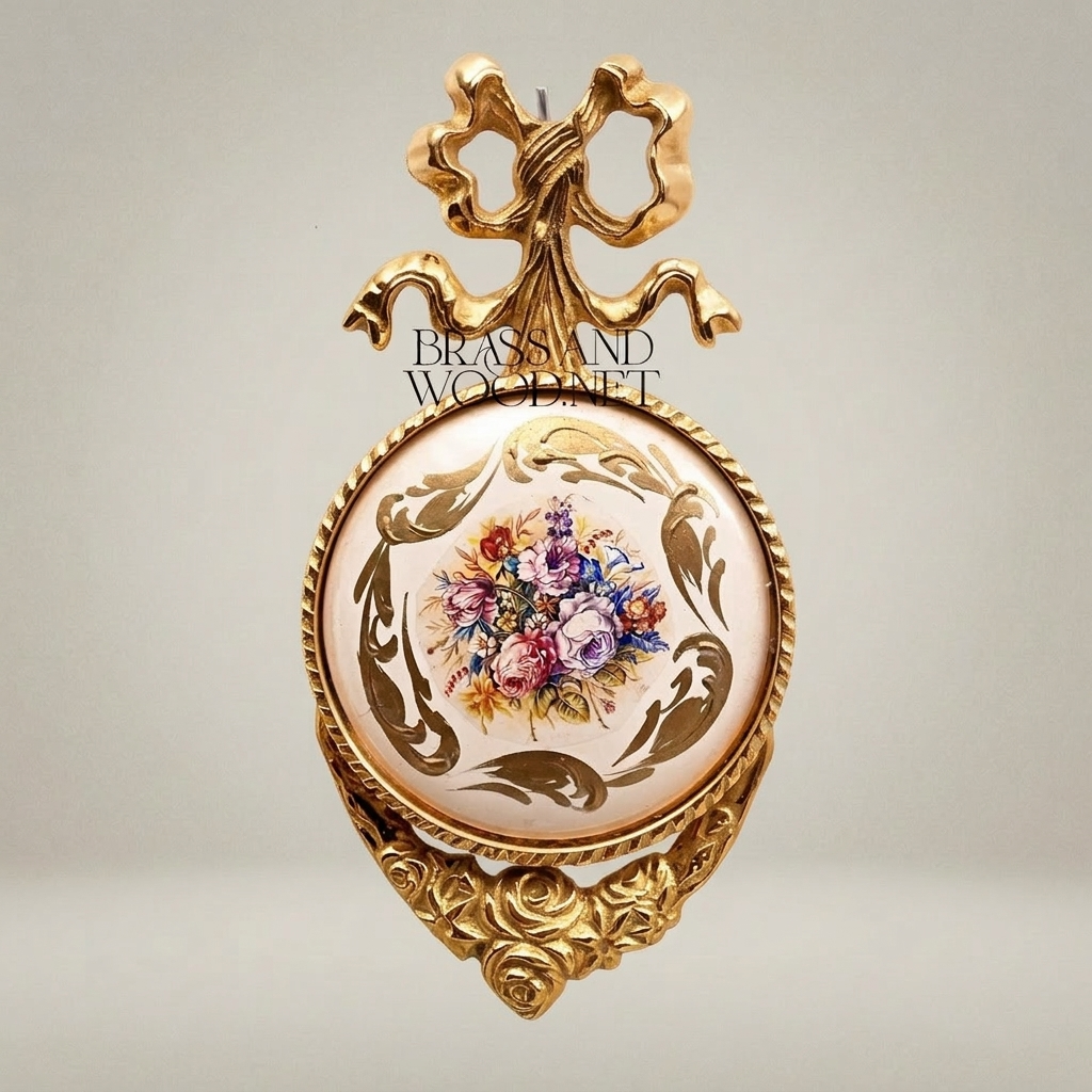 Rococo Brass Wall Medallion with Hand-Painted Floral Ceramic Centre — Gold