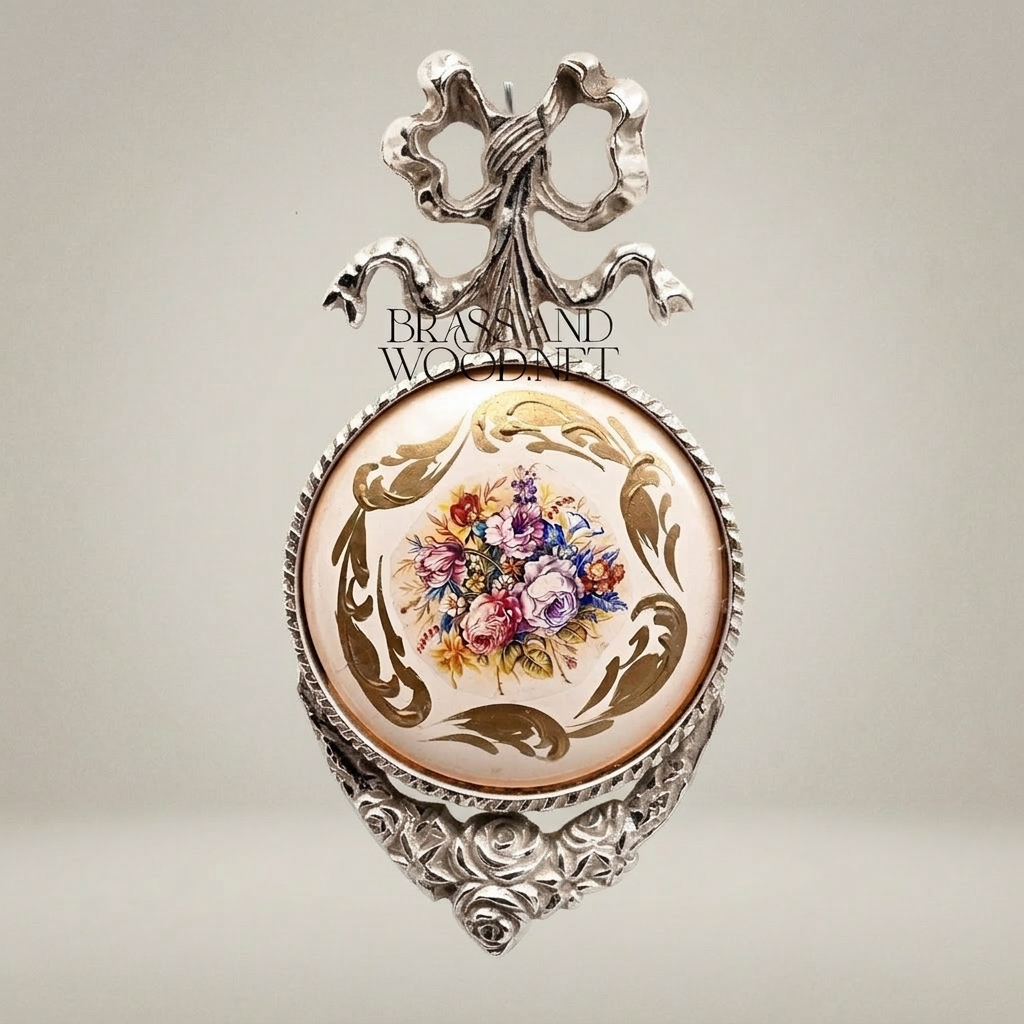 Rococo Brass Wall Medallion with Hand-Painted Floral Ceramic Centre — Silver