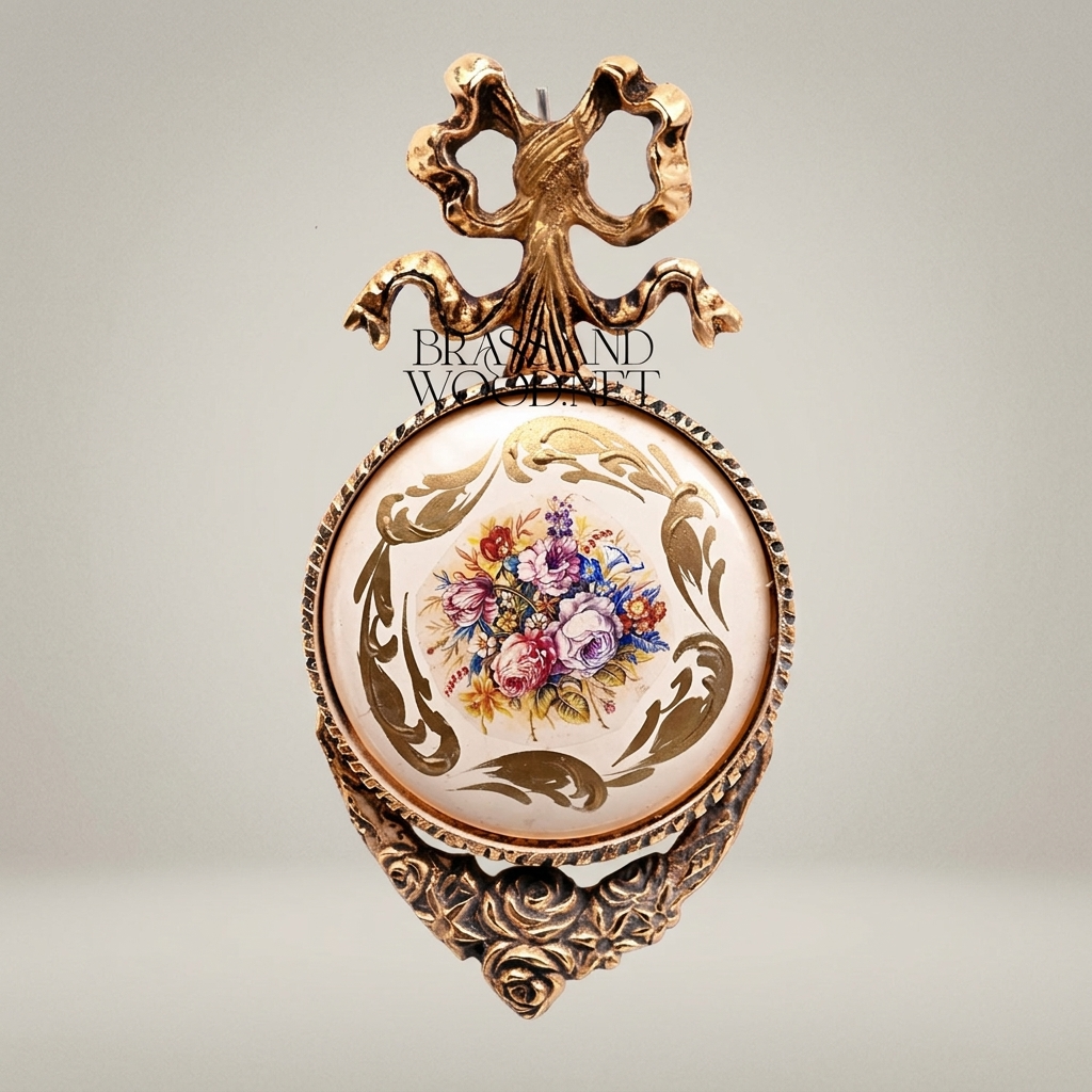 Rococo Brass Wall Medallion with Hand-Painted Floral Ceramic Centre — Antique Gold
