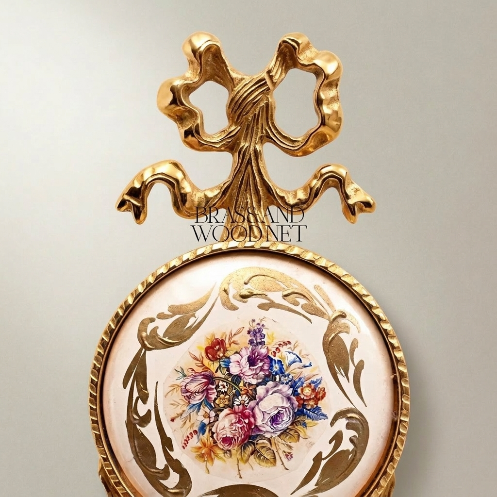 Rococo Brass Wall Medallion with Hand-Painted Floral Ceramic Centre — Gold