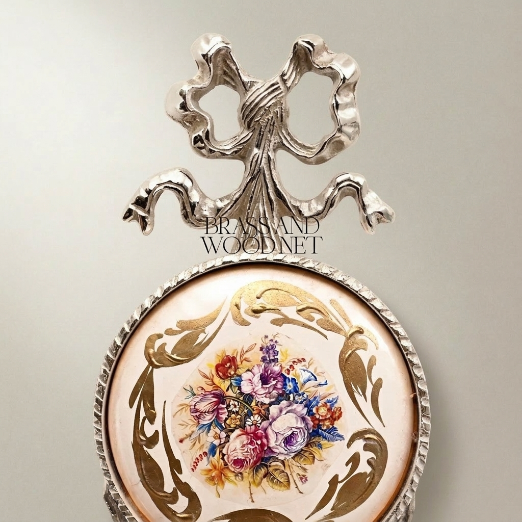 Rococo Brass Wall Medallion with Hand-Painted Floral Ceramic Centre — Silver