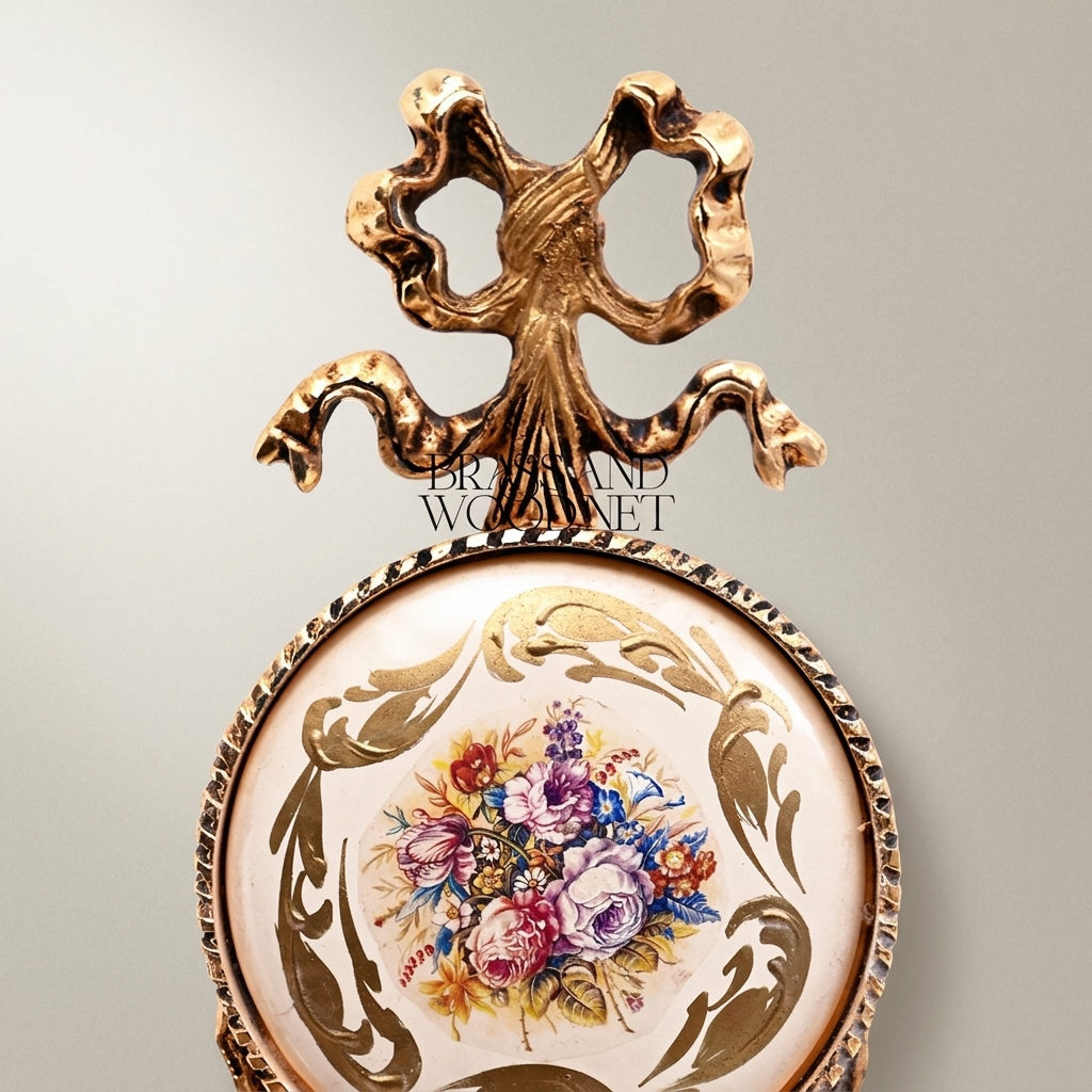 Rococo Brass Wall Medallion with Hand-Painted Floral Ceramic Centre — Antique Gold