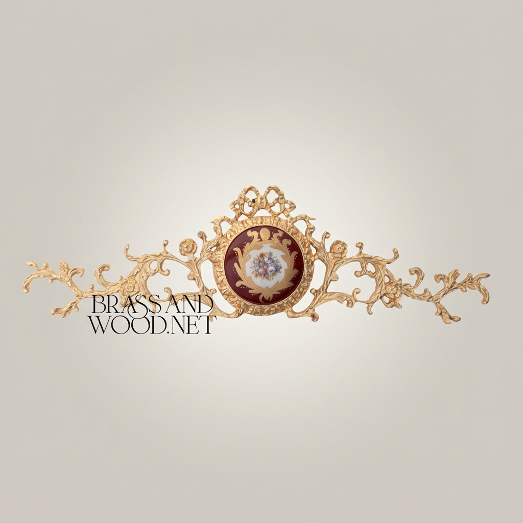 Rococo Brass Wall Medallion with Hand-Painted Porcelain Centre & Ribbon Crown