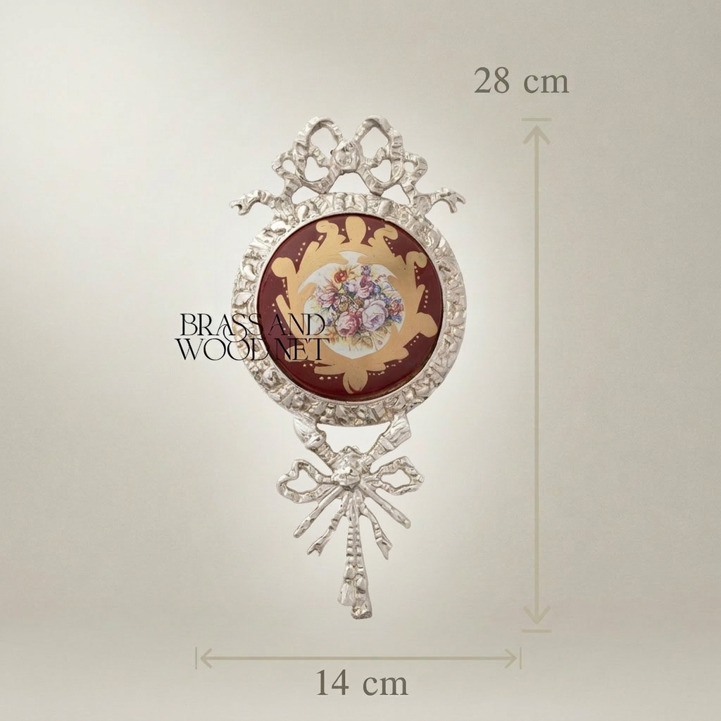 Rococo Brass Wall Medallion with Hand-Painted Porcelain Centre & Ribbon Crown — Silver