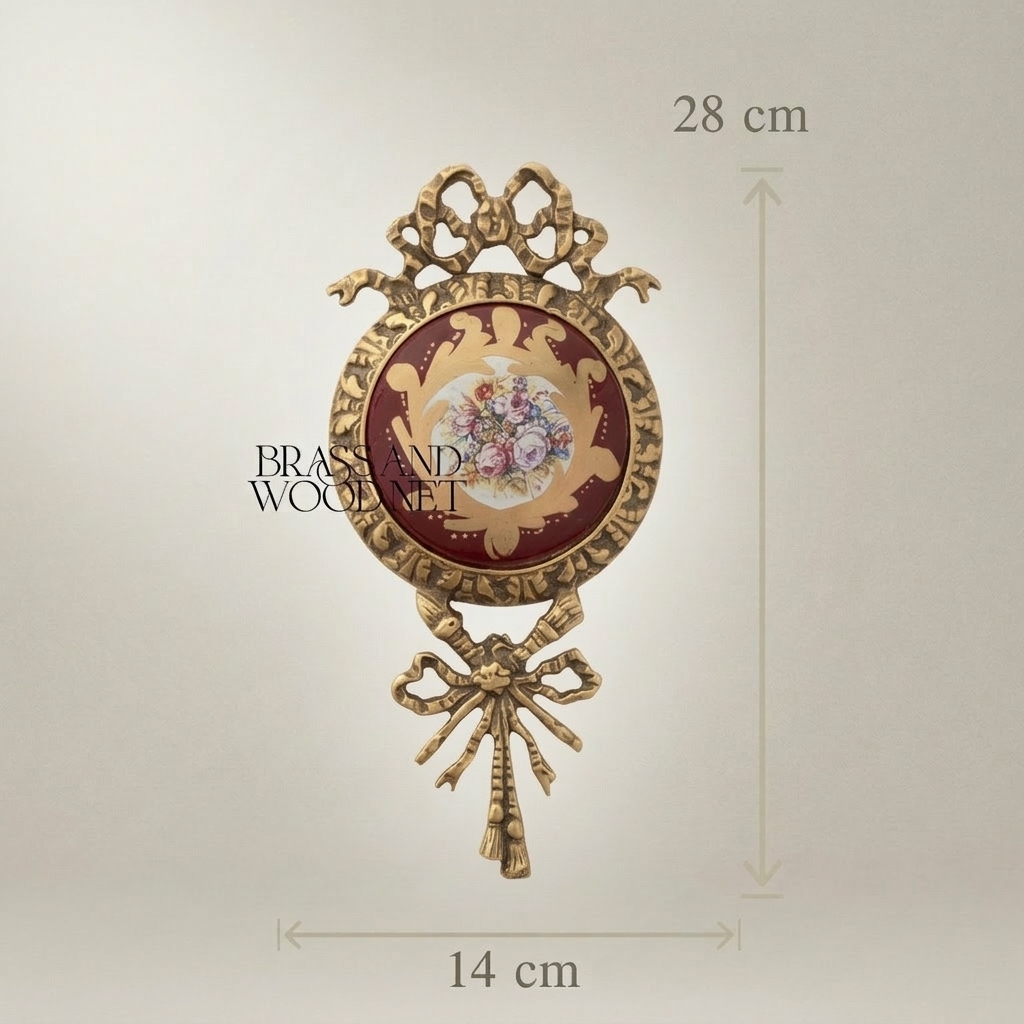 Rococo Brass Wall Medallion with Hand-Painted Porcelain Centre & Ribbon Crown — Antique Gold