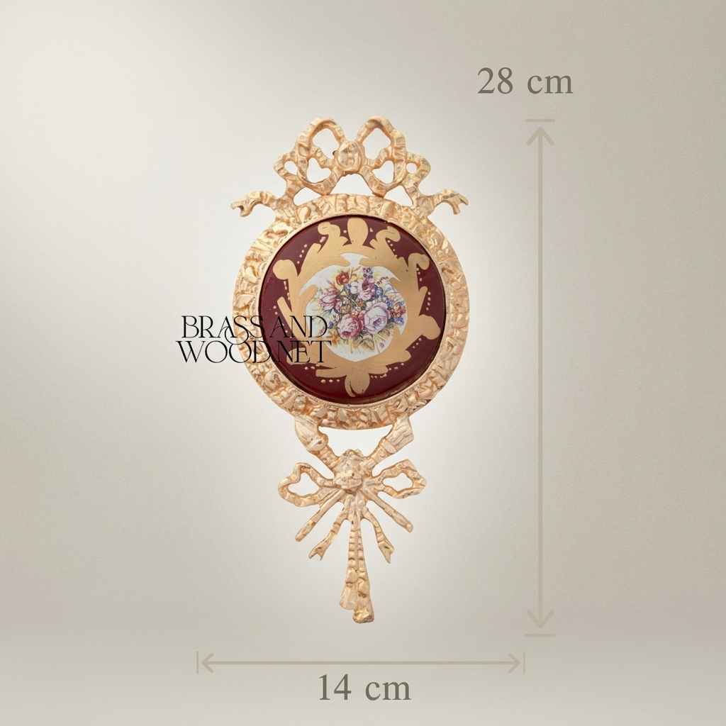 Rococo Brass Wall Medallion with Hand-Painted Porcelain Centre & Ribbon Crown — Gold