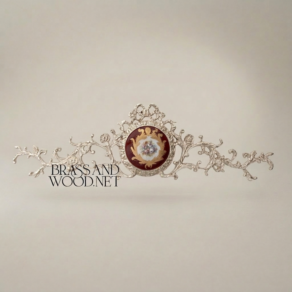 Rococo Brass Wall Medallion with Hand-Painted Porcelain Centre & Ribbon Crown — Silver