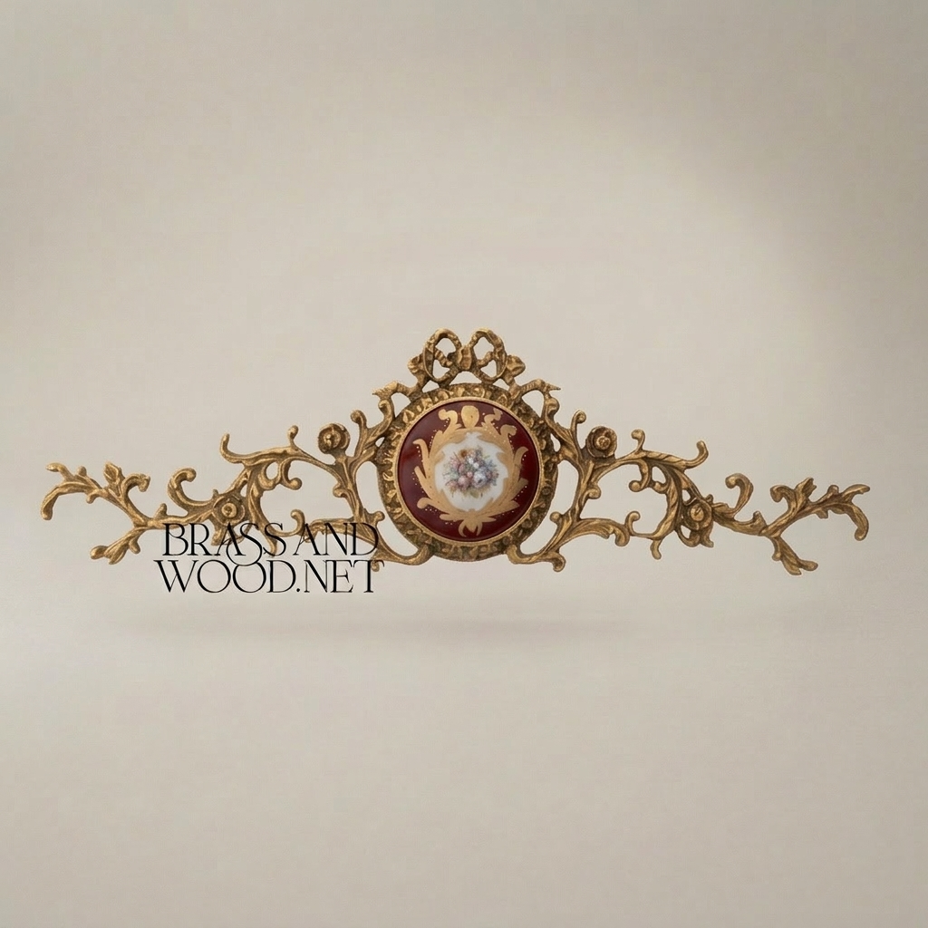Rococo Brass Wall Medallion with Hand-Painted Porcelain Centre & Ribbon Crown — Antique Gold