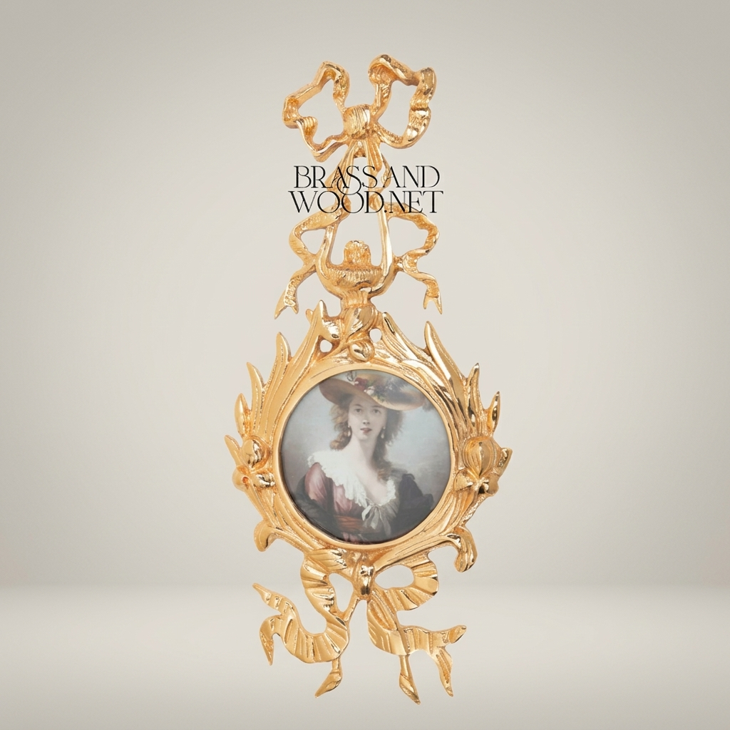 Rococo Brass Wall Medallion with Portrait Miniature — Lyre, Ribbon & Acanthus Frame — Gold