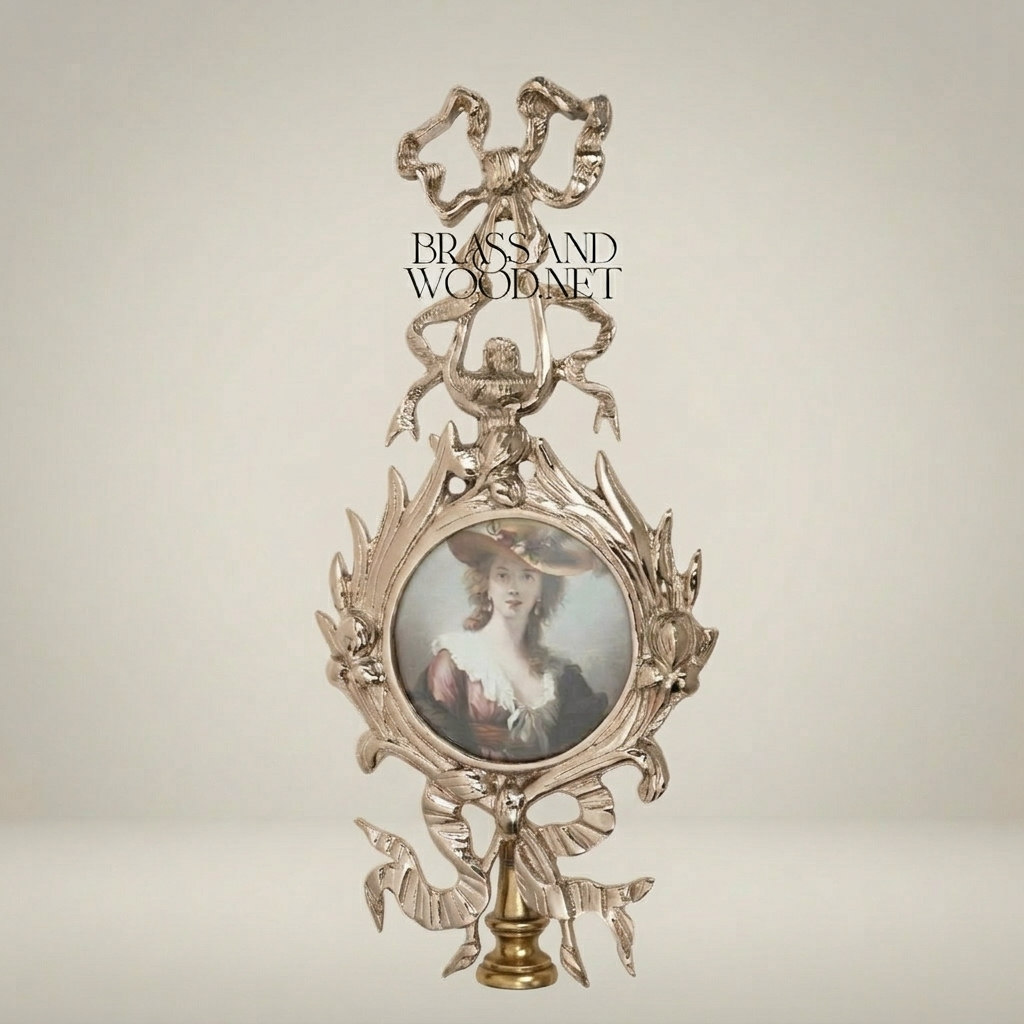 Rococo Brass Wall Medallion with Portrait Miniature — Lyre, Ribbon & Acanthus Frame — Silver