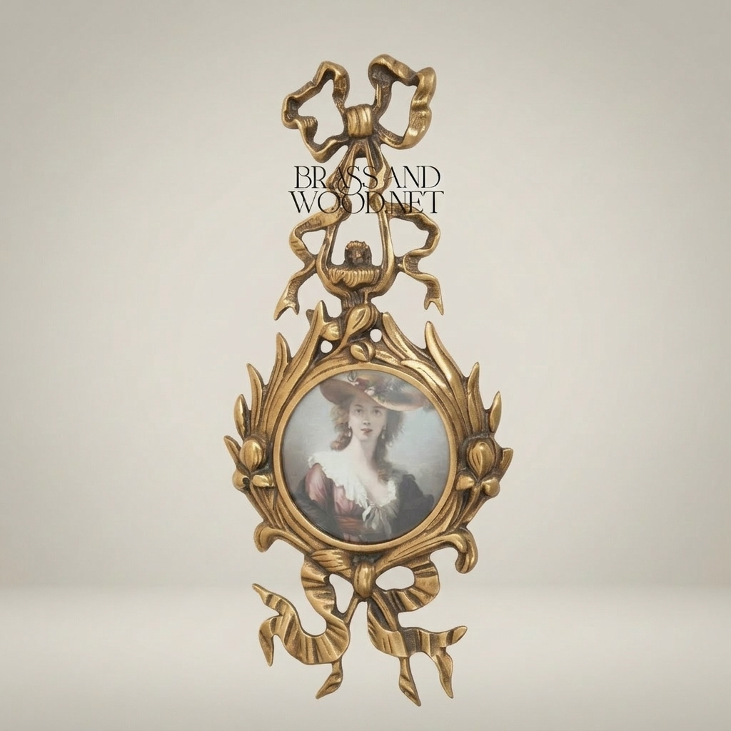 Rococo Brass Wall Medallion with Portrait Miniature — Lyre, Ribbon & Acanthus Frame — Antique Gold