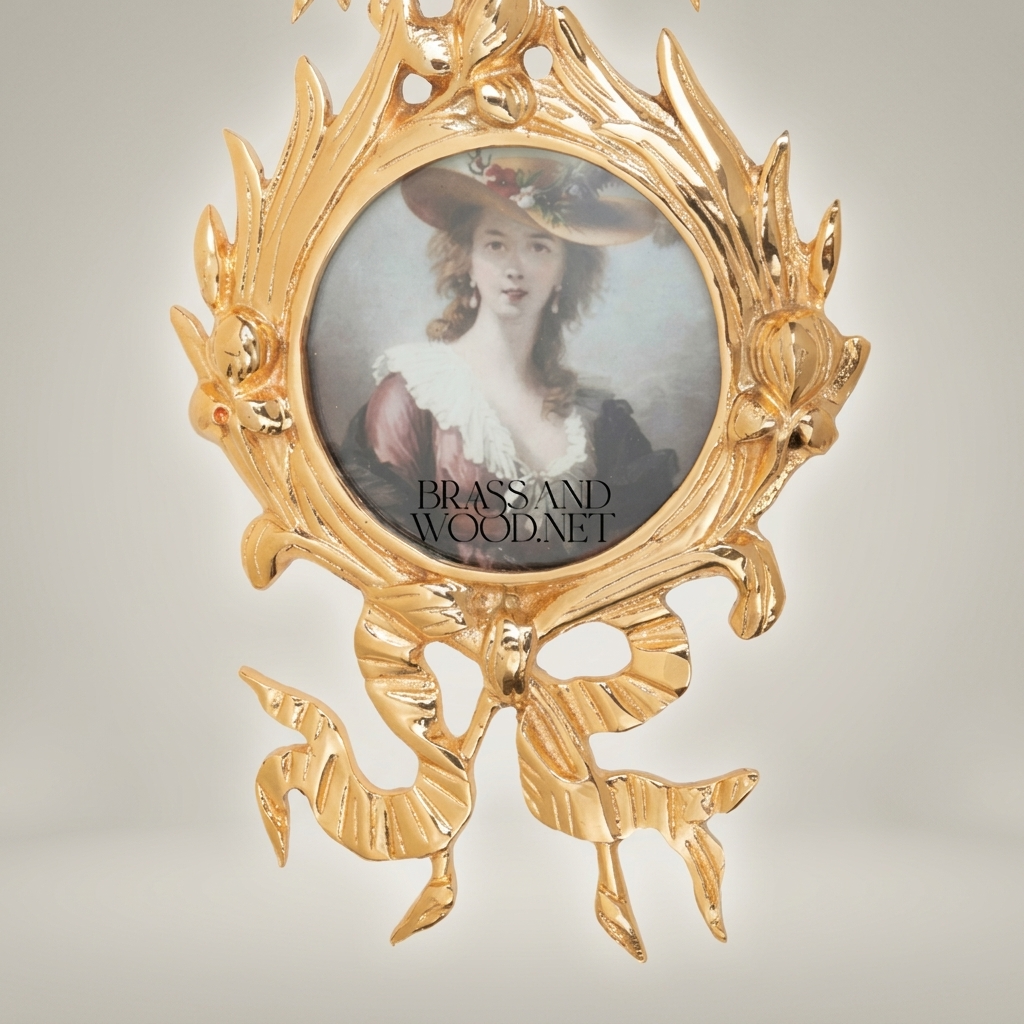 Rococo Brass Wall Medallion with Portrait Miniature — Lyre, Ribbon & Acanthus Frame — Gold