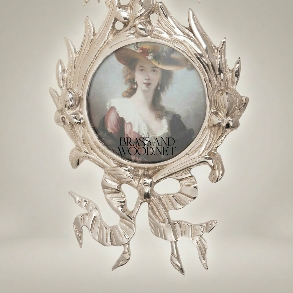 Rococo Brass Wall Medallion with Portrait Miniature — Lyre, Ribbon & Acanthus Frame — Silver