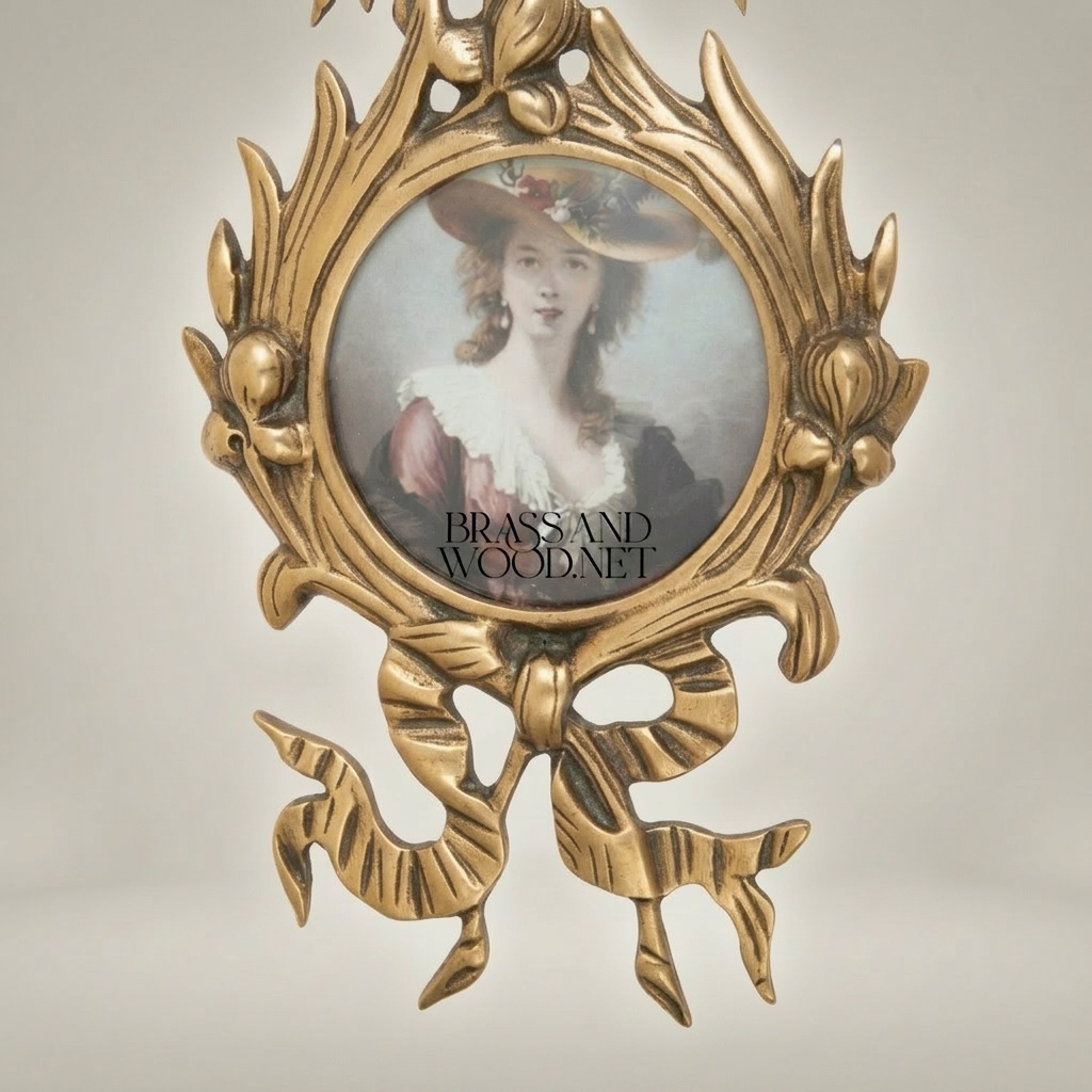 Rococo Brass Wall Medallion with Portrait Miniature — Lyre, Ribbon & Acanthus Frame — Antique Gold