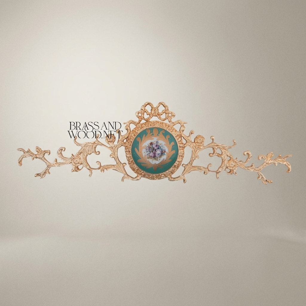 Rococo Brass Wall Medallion Set with Porcelain Floral Centre — Ribbon & Acanthus Ornament — Gold