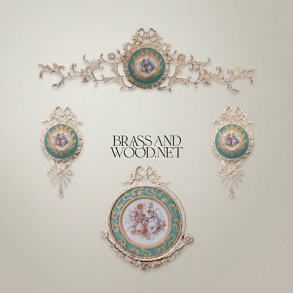 Rococo Brass Wall Medallion Set with Porcelain Floral Centre — Ribbon & Acanthus Ornament — Silver