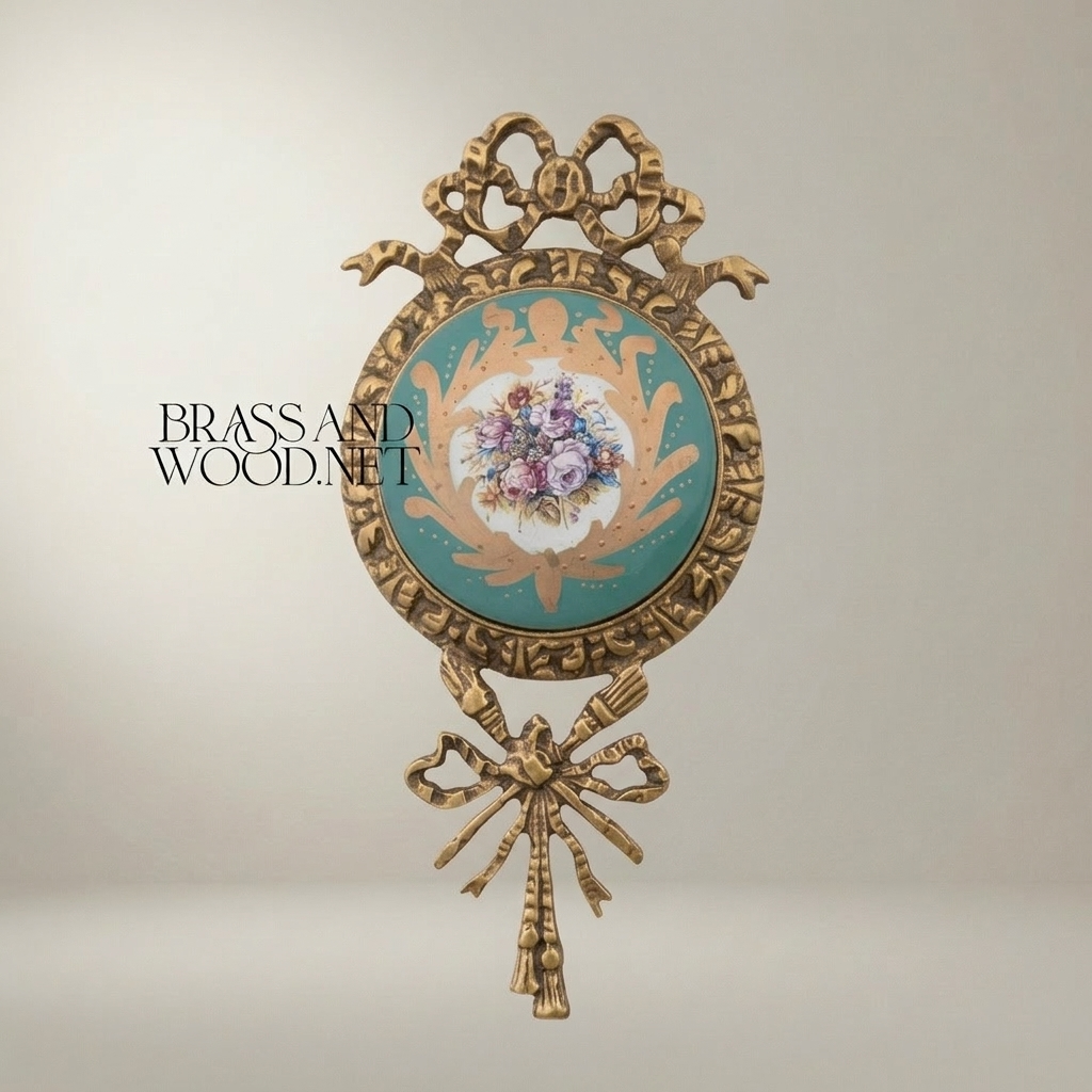 Rococo Brass Wall Medallion Set with Porcelain Floral Centre — Ribbon & Acanthus Ornament — Antique Gold