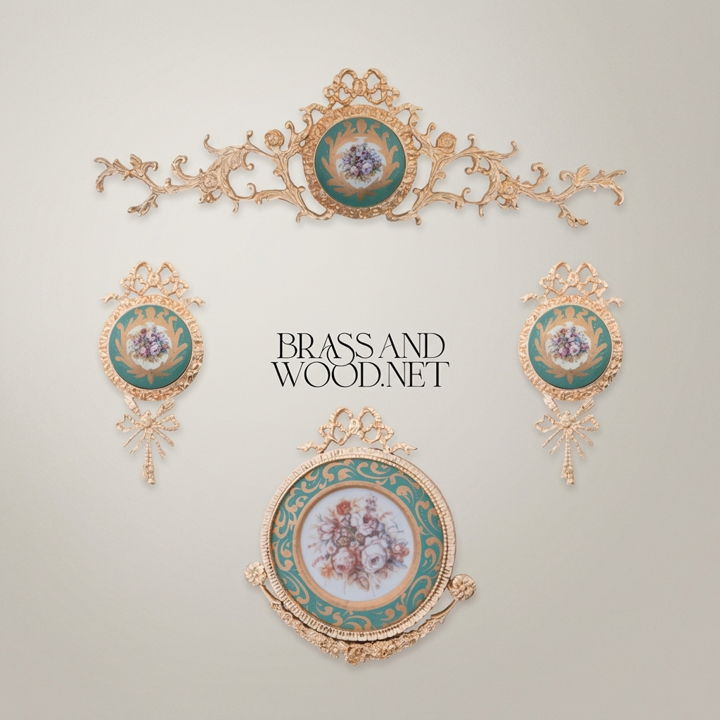 Rococo Brass Wall Medallion Set with Porcelain Floral Centre — Ribbon & Acanthus Ornament
