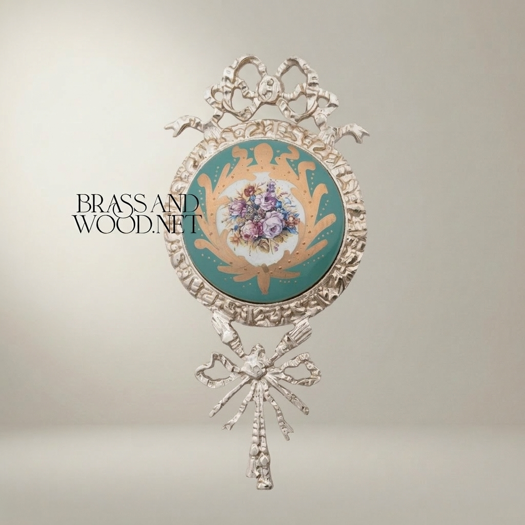 Rococo Brass Wall Medallion Set with Porcelain Floral Centre — Ribbon & Acanthus Ornament — Silver