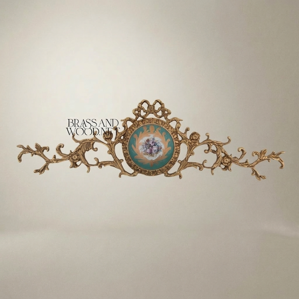 Rococo Brass Wall Medallion Set with Porcelain Floral Centre — Ribbon & Acanthus Ornament — Antique Gold