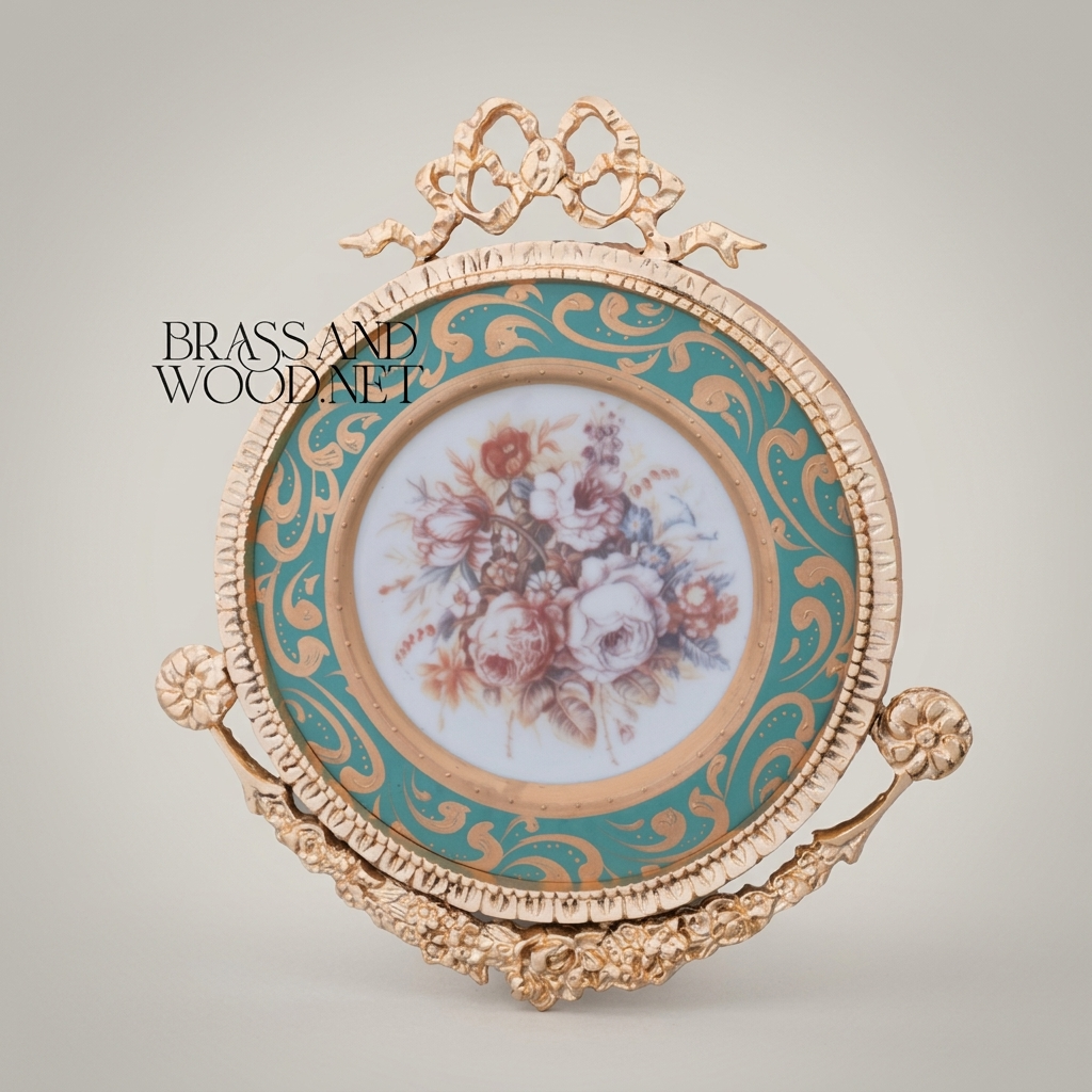 Rococo Brass Wall Medallion Set with Porcelain Floral Centre — Ribbon & Acanthus Ornament