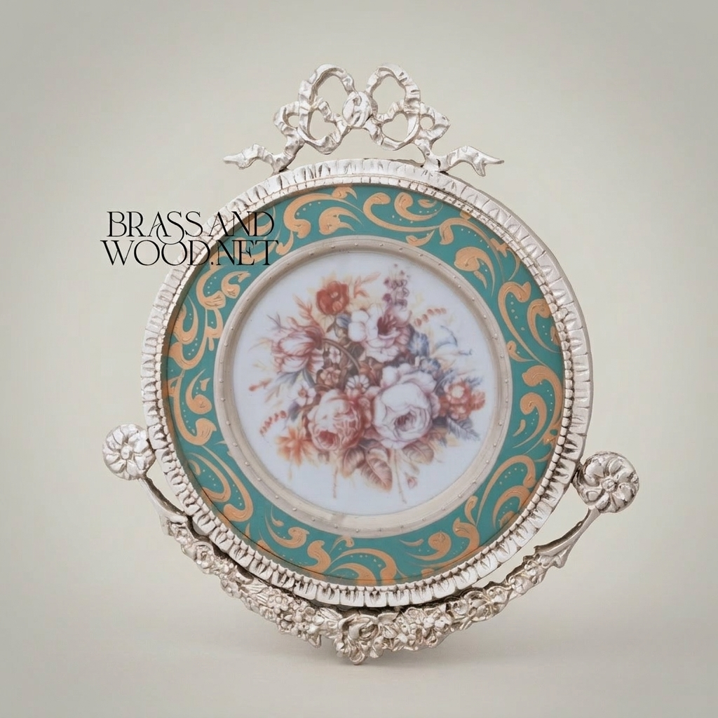 Rococo Brass Wall Medallion Set with Porcelain Floral Centre — Ribbon & Acanthus Ornament — Silver
