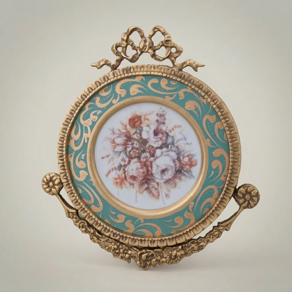 Rococo Brass Wall Medallion Set with Porcelain Floral Centre — Ribbon & Acanthus Ornament — Antique Gold