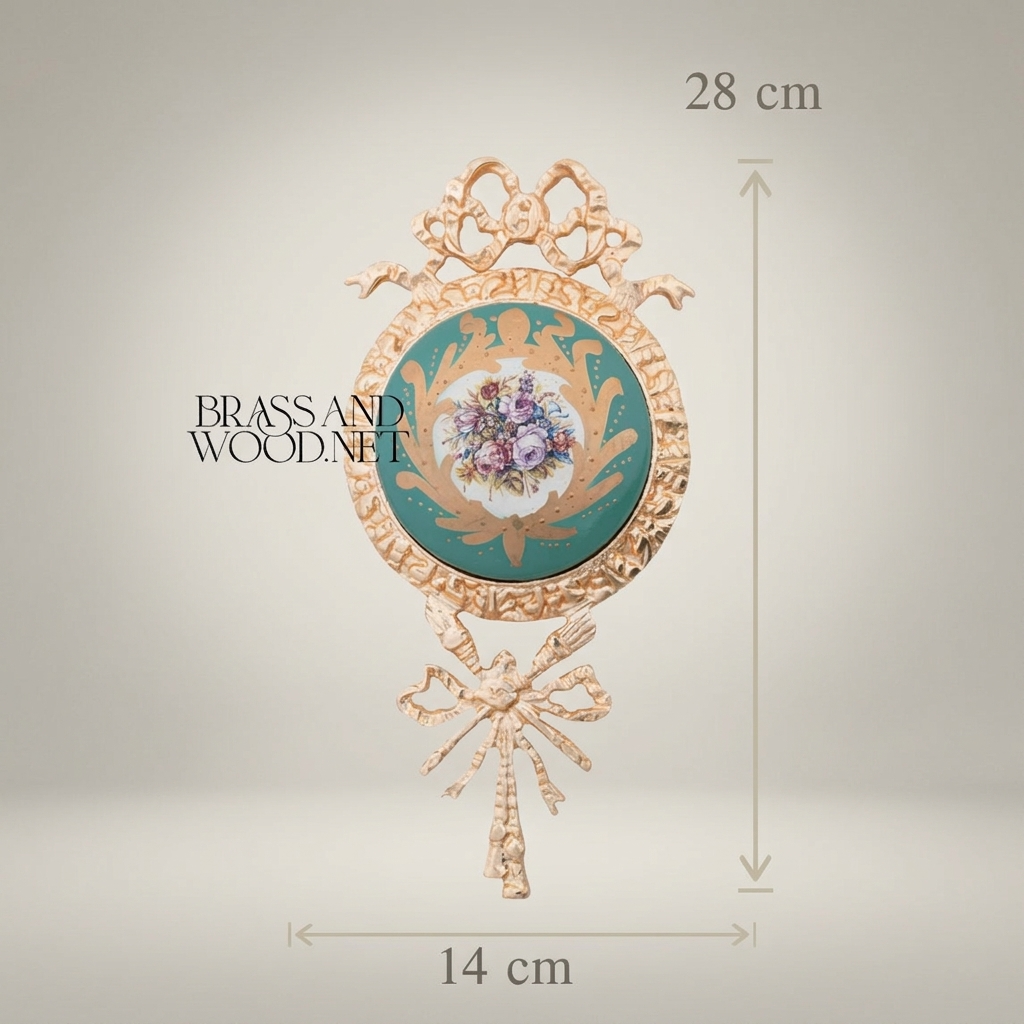 Rococo Brass Wall Medallion Set with Porcelain Floral Centre — Ribbon & Acanthus Ornament