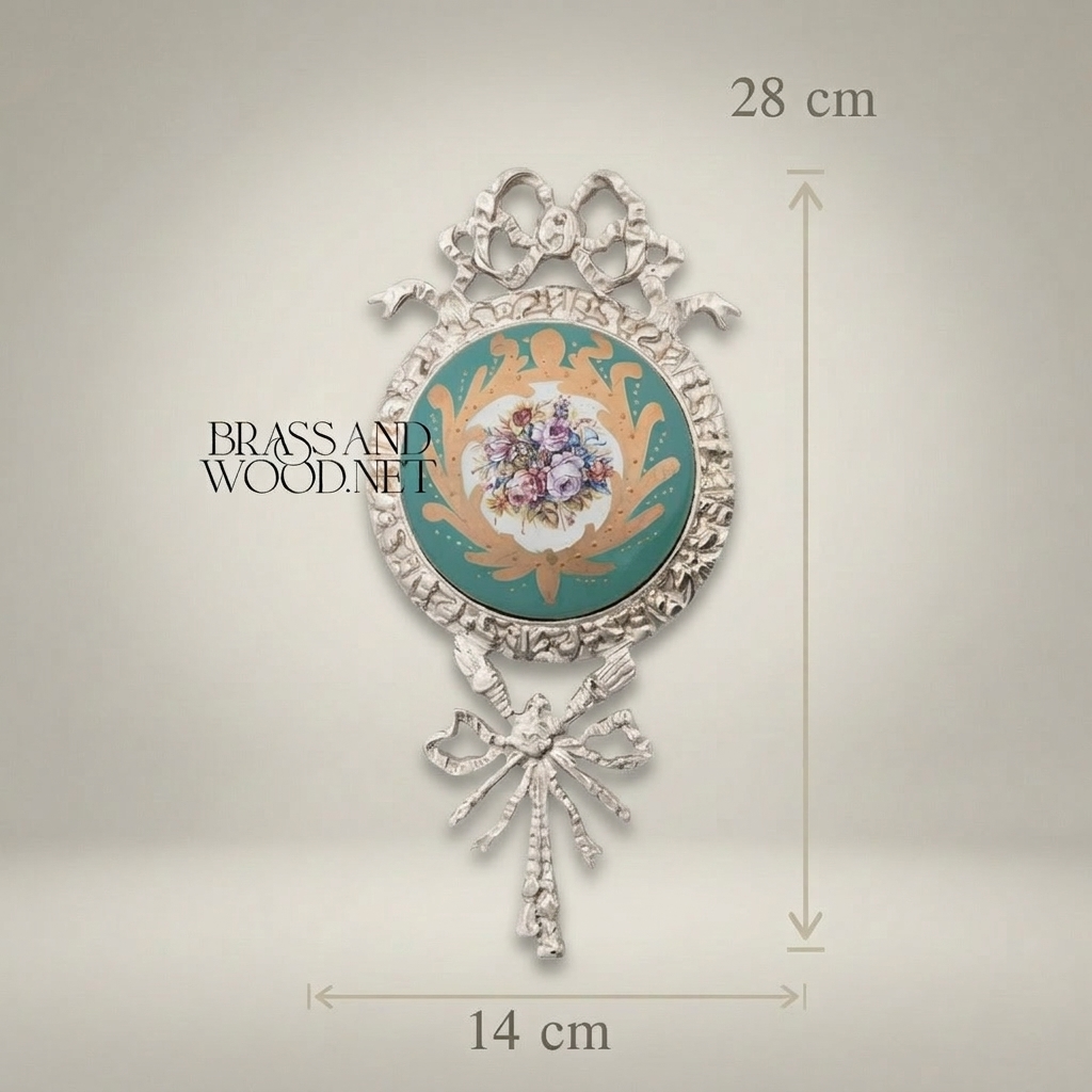 Rococo Brass Wall Medallion Set with Porcelain Floral Centre — Ribbon & Acanthus Ornament — Silver