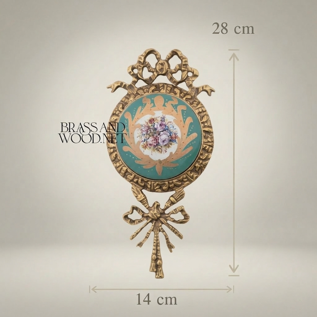Rococo Brass Wall Medallion Set with Porcelain Floral Centre — Ribbon & Acanthus Ornament — Antique Gold
