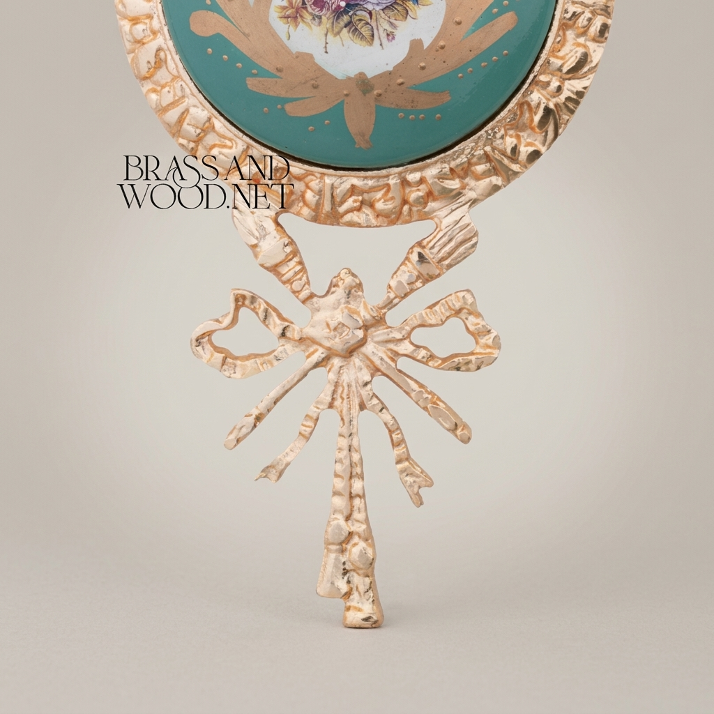 Rococo Brass Wall Medallion with Turquoise Floral Ceramic Centre - Ribbon & Acanthus Frame