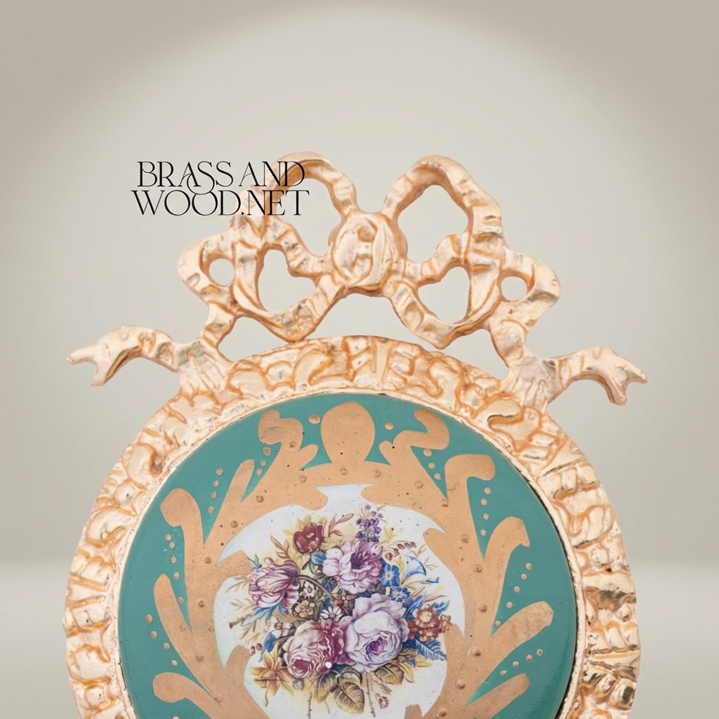 Rococo Brass Wall Medallion with Turquoise Floral Ceramic Centre - Ribbon & Acanthus Frame
